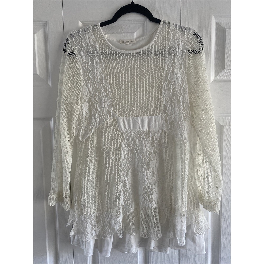 Indigo Soul Boho Lace Mesh Sequin Tunic Womens Size M Ivory White Long‎ Sleeve